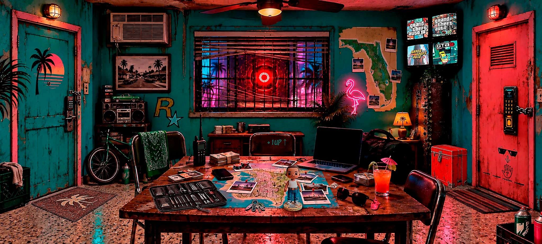 Sala do Mind Escape com portas, mesa, computadores e objetos para investigar