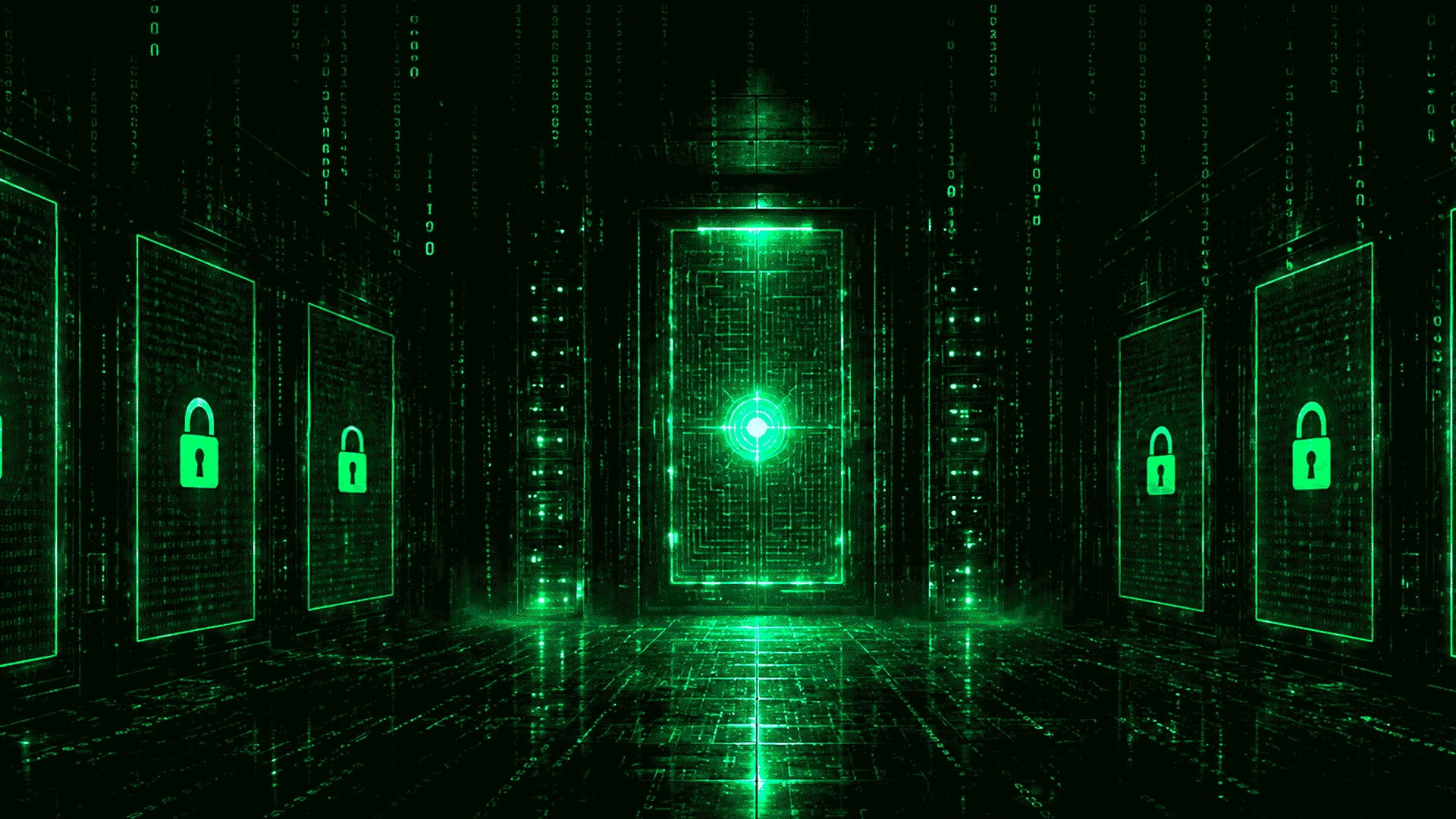 Corredor digital verde com portas bloqueadas e um núcleo luminoso